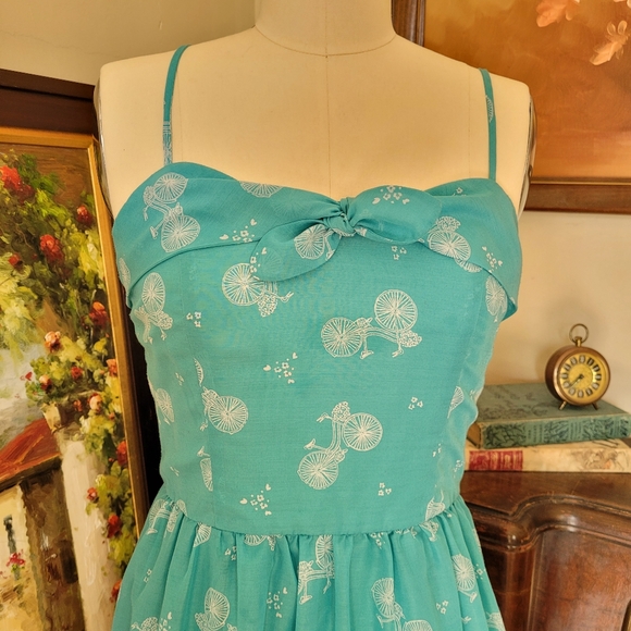 Retro Blue bicycle print cotton summer dress size 2 - Picture 4 of 8